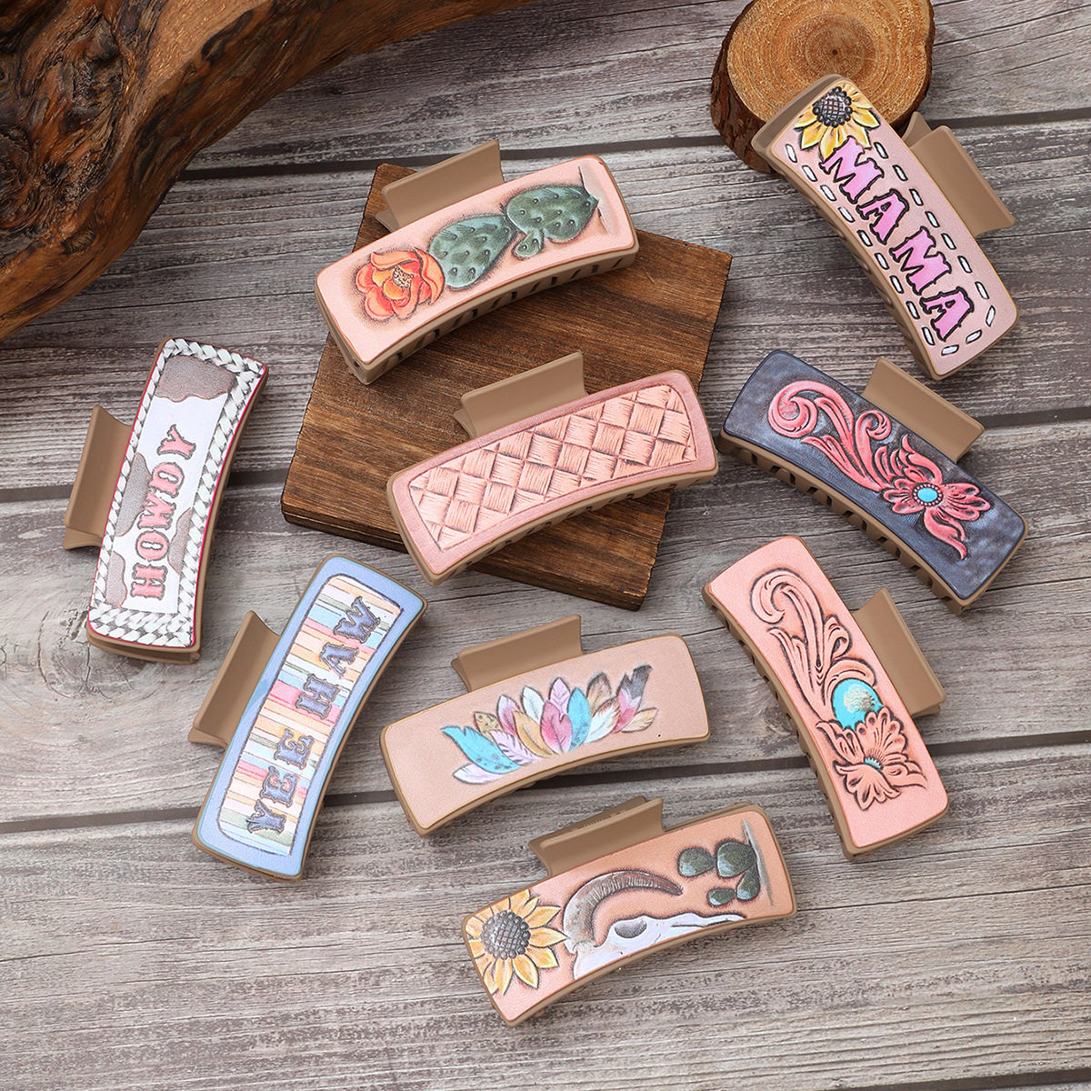 跨境西部风字母妈妈仙人掌向日葵皮革鲨鱼夹发夹女士抓夹速卖通,饰品/流行首饰/时尚饰品新,民族风发饰,淘宝优惠券,粉丝福利购,淘宝优惠卷