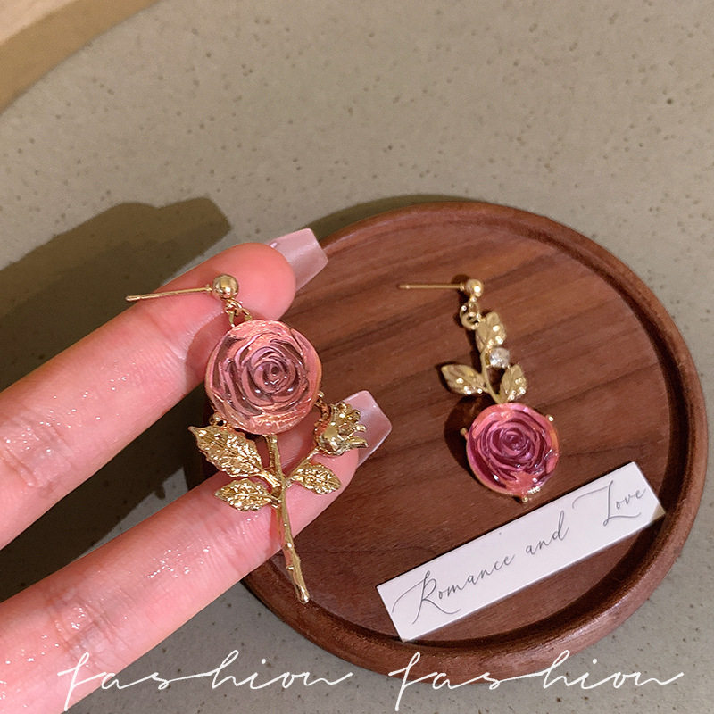 超仙粉色仿水晶花朵不对称耳钉女轻奢小众设计高级感耳环耳饰夏日