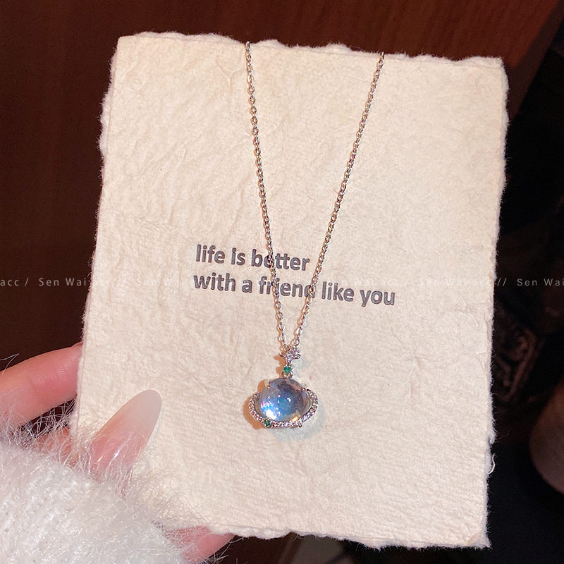 蓝眼泪星球钛钢项链女轻奢小众设计微镶锆石吊坠锁骨链新款配饰品