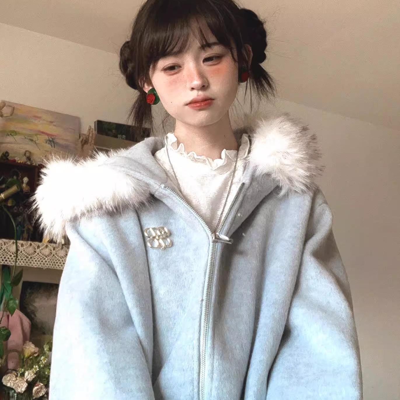 连帽拉链开衫宽松毛呢外套