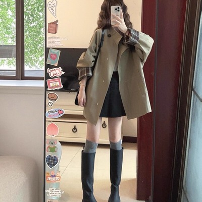 YC英伦风撞色格纹小个子风衣女秋季爆款显瘦韩系穿搭工装外套大衣