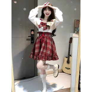新年圣诞氛围感少女穿搭红格子连衣裙秋冬小个子甜辣妹蓬蓬公主裙