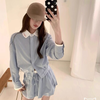 miu系学院风韩冷调锡蓝格子套装