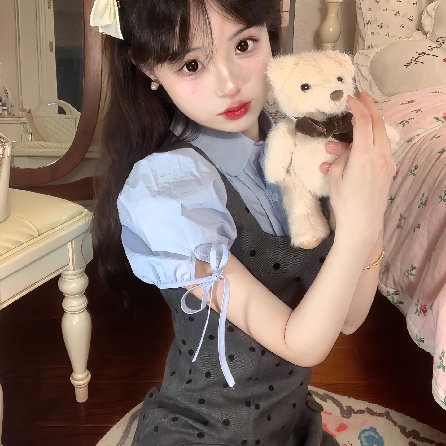 灰色波点衬衫吊带假两件连衣裙小个子高级背心裙夏千金miu系套装