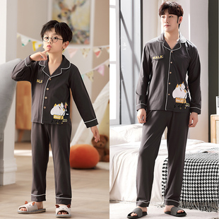 春秋季亲子开衫睡衣长袖纯棉父子同款儿童男中大童秋天家居服套装