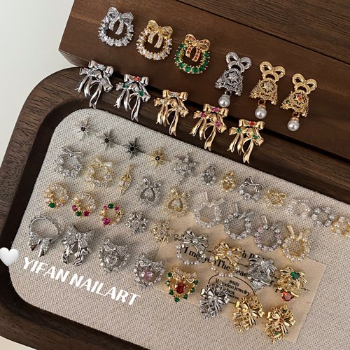 冬季圣诞花环铃铛蝴蝶结美甲饰品