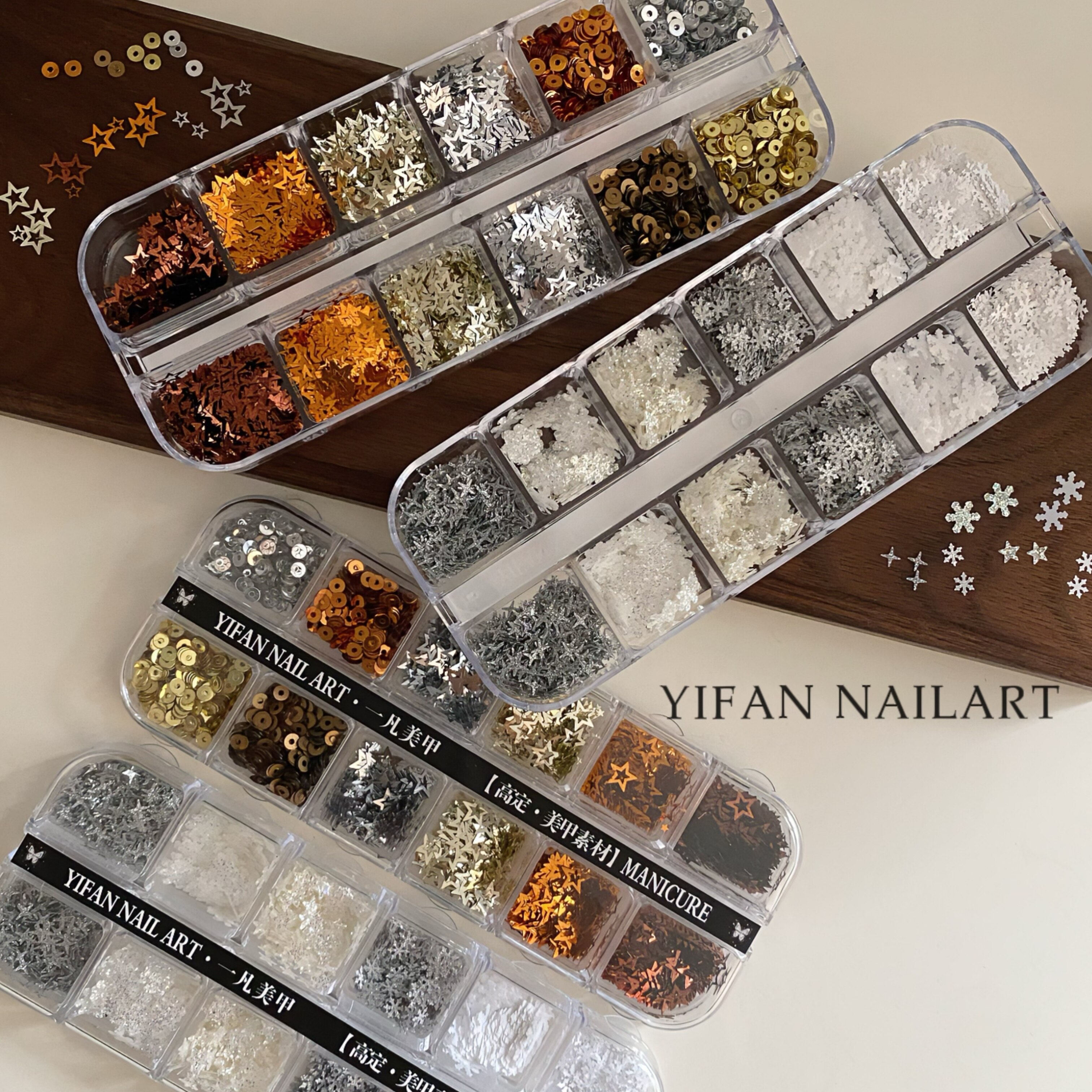 YIFANNAIL 新年 优雅白月光雪花星芒亮片 美拉德星星美甲亮片T15