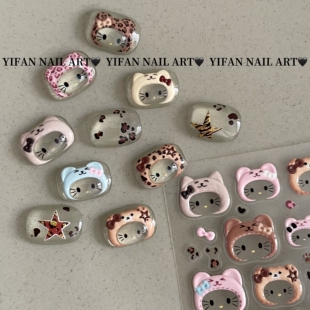 YIFANNAIL【豹纹Kitty】立体果冻头套 大拇指Kitty美甲贴纸J251