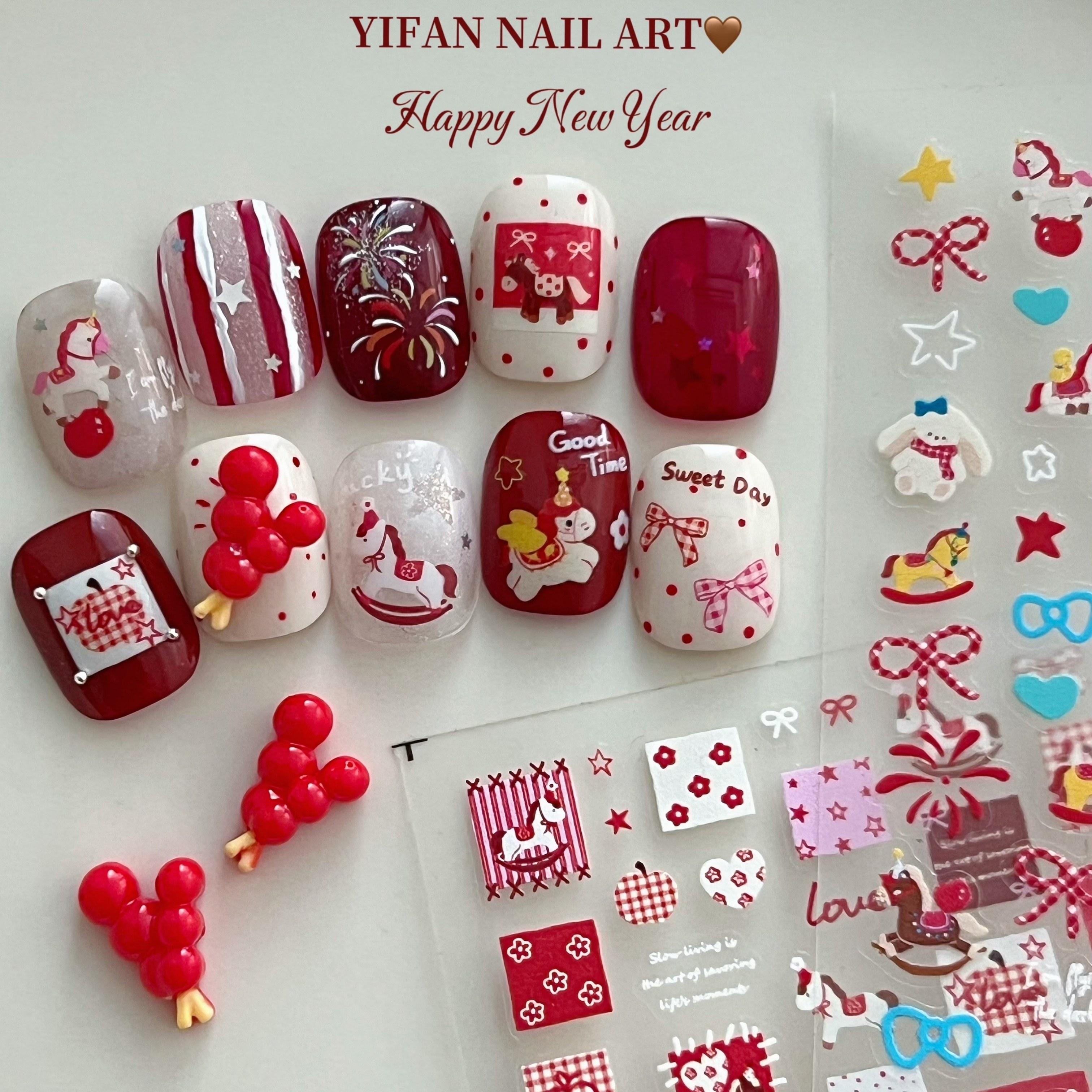 YIFANNAIL【春节马年】可爱马上有钱 红色小马薄韧美甲贴纸J205