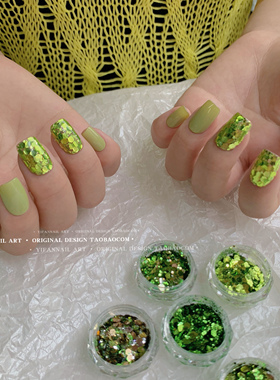 YIFANNAIL《沉浸绿色》.显白青苹果绿 嫩绿橄榄绿亮片美甲闪粉A19