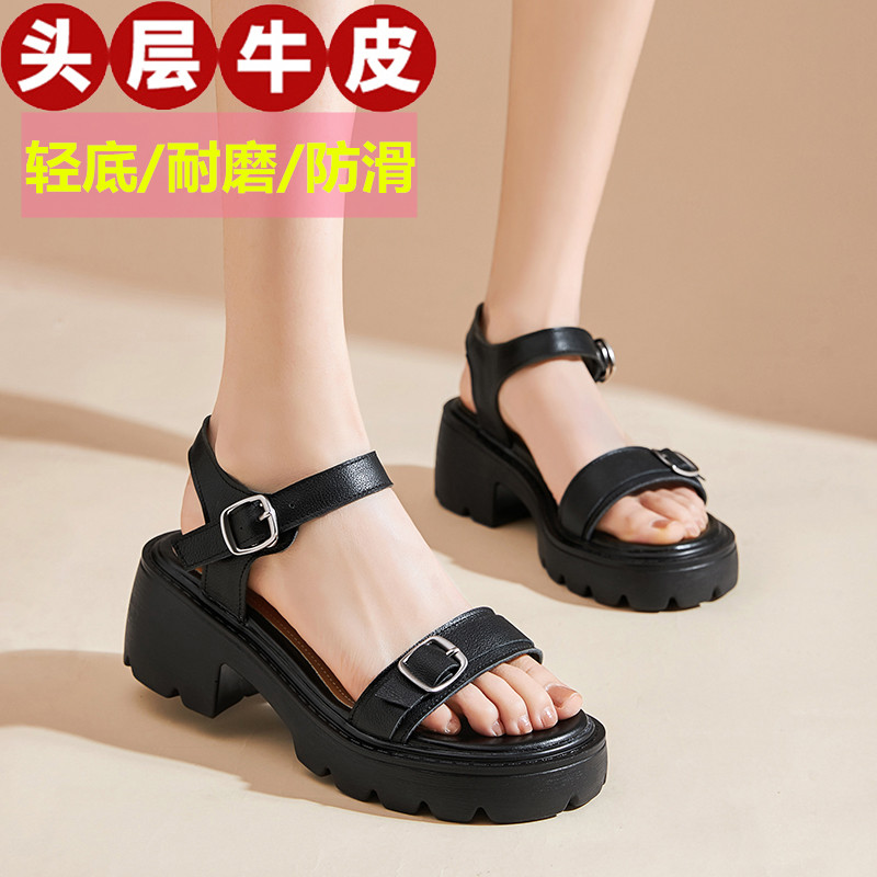女凉鞋夏季粗跟防水台百搭真皮
