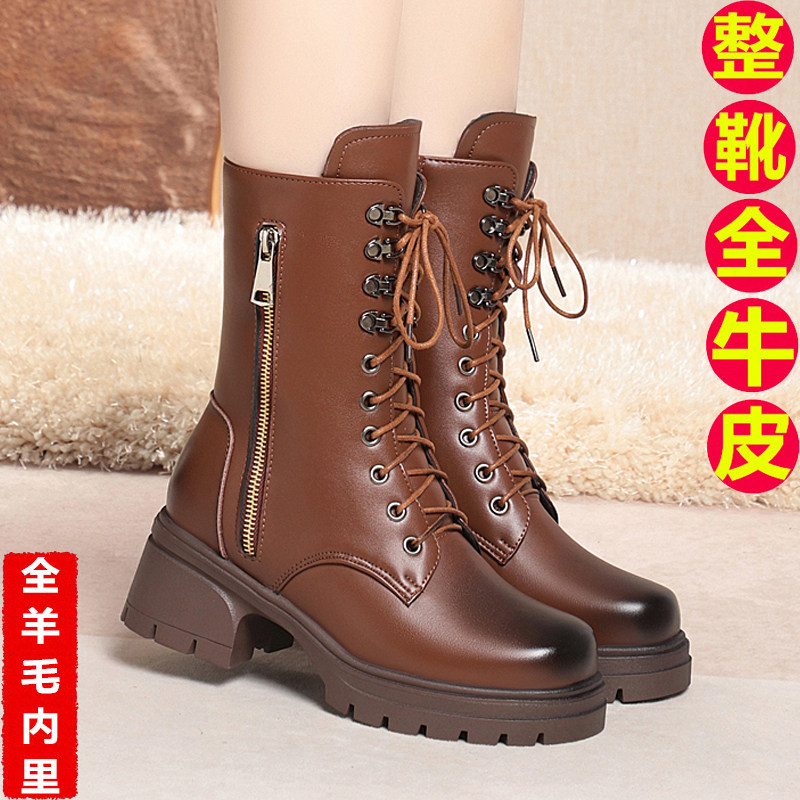 真皮女马丁靴粗跟皮靴子冬季中跟