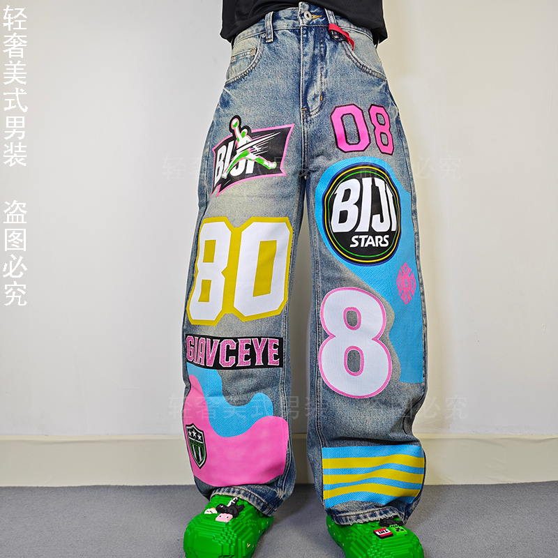 美式高街贴布印花阔腿弯刀牛仔裤