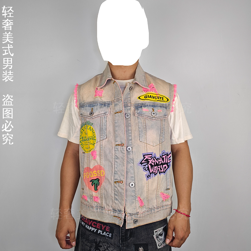 巴黎风美式涂鸦印花牛仔马甲男潮牌复古破洞休闲时尚个性设计外套