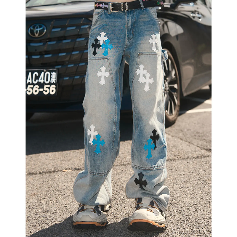 巴黎风CH十字架复古水洗牛仔裤