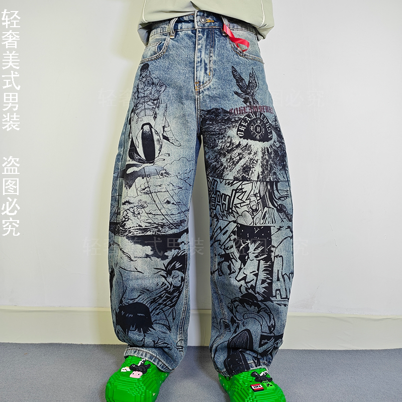 美式街头涂鸦印花牛仔裤男个性设计宽松阔腿弯刀裤做旧潮牌长裤