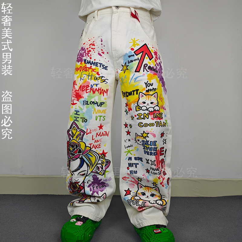 美式高街卡通涂鸦宽松弯刀牛仔裤图片