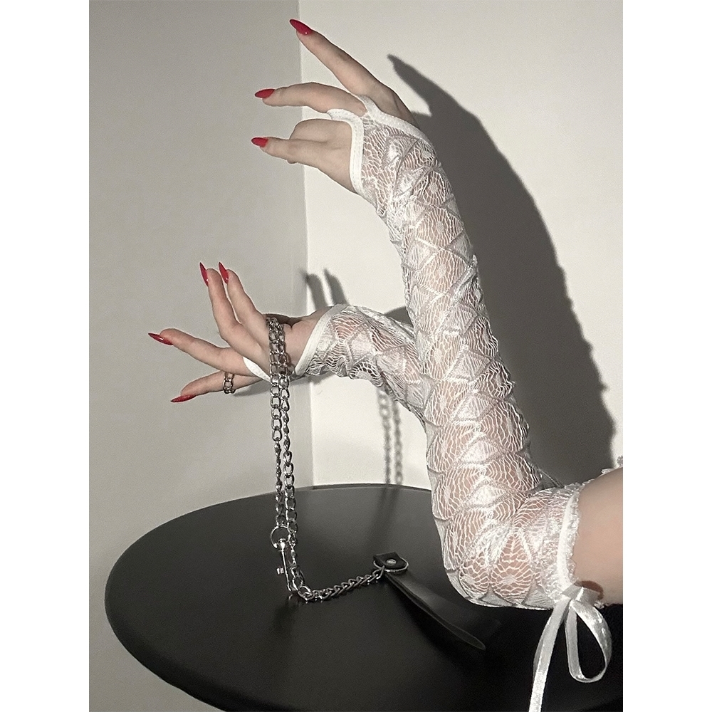 性感蕾丝手套制服配饰诱惑网纱提花连指套袖丝带长款黑白色手套女