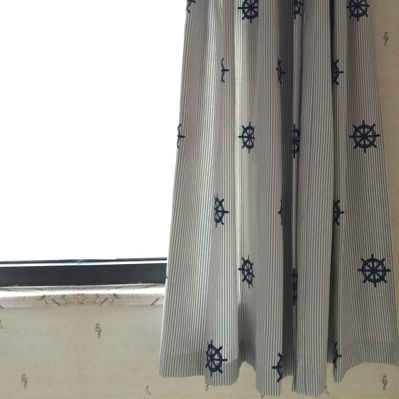 高档男孩房卧室窗帘 蓝条纹棉布刺绣面料海军船舵 儿童房窗帘定制