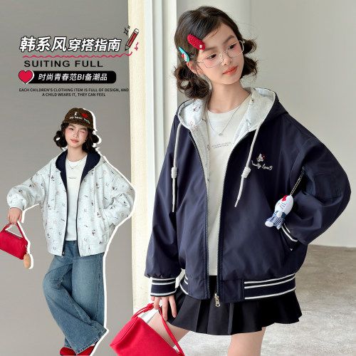 女童韩系连帽假两件风衣春秋款