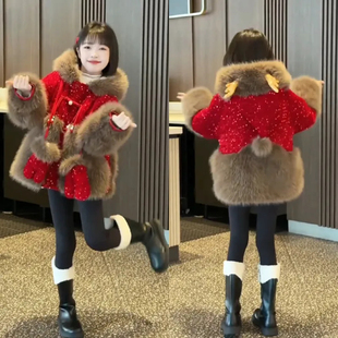 女童冬季棉袄2026新款洋气仿皮草毛领棉衣女加厚连帽洋气保暖外套