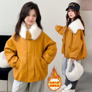 女童外套冬款韩系羊羔毛翻领PU皮衣夹克女大童加厚保暖派克服棉衣