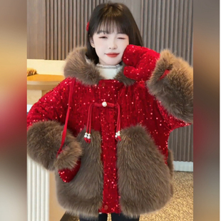 仿皮草毛毛衣 洋气加绒加厚棉袄女孩冬季 女童毛领外套冬款 2026新款