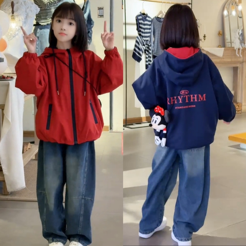 女童春秋款双面穿连帽夹克