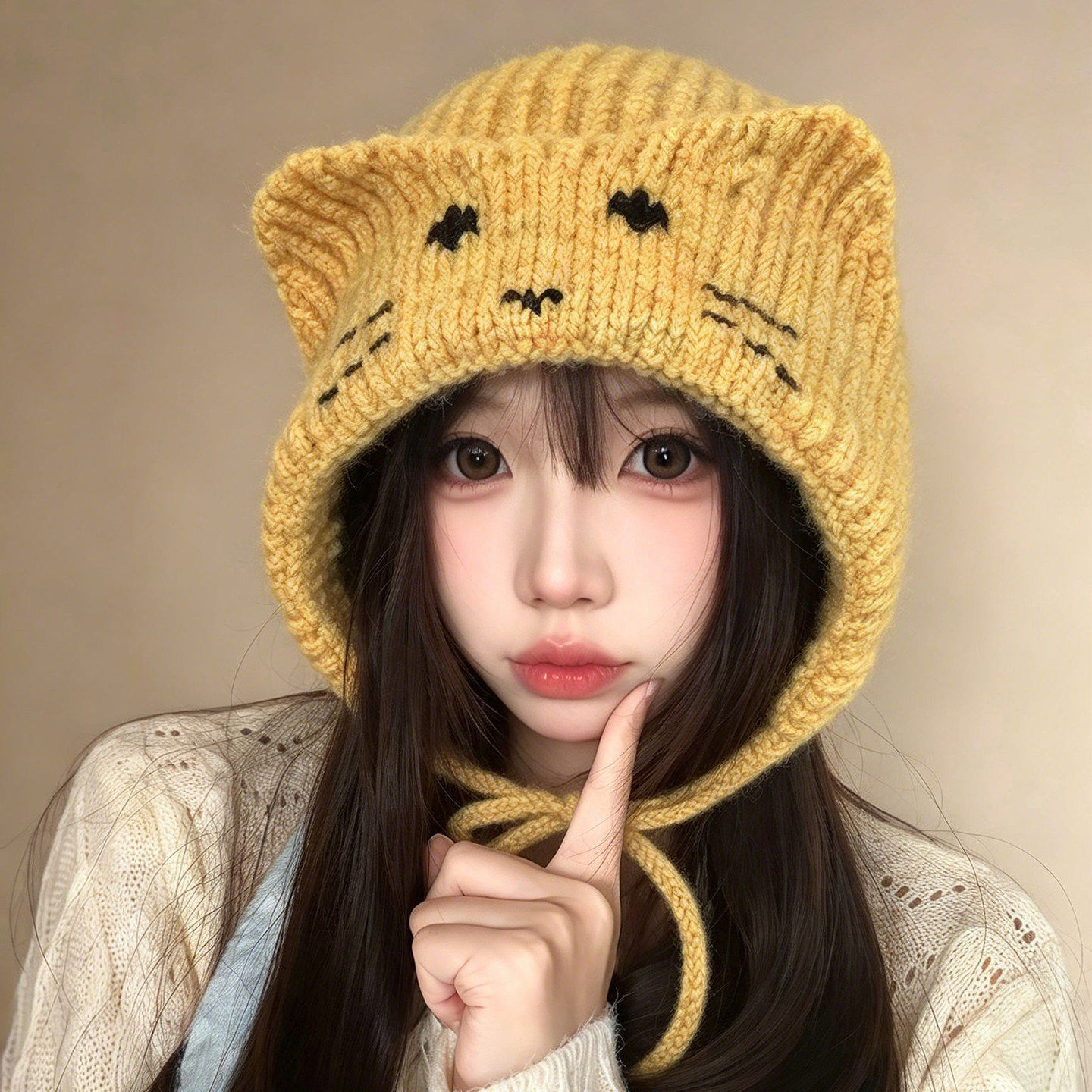 可爱猫耳系带针织帽显脸小百搭帽