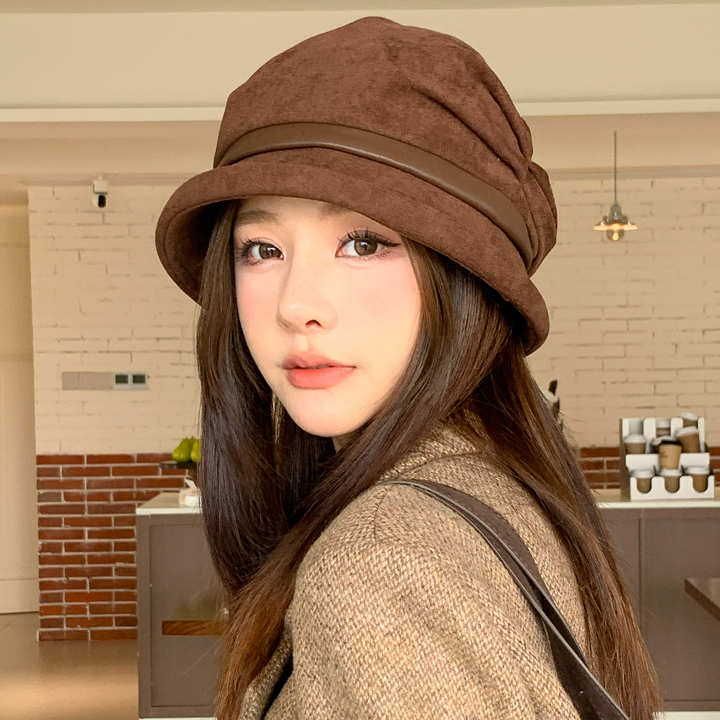 韩版复古褶皱帽子女款宽檐渔夫帽