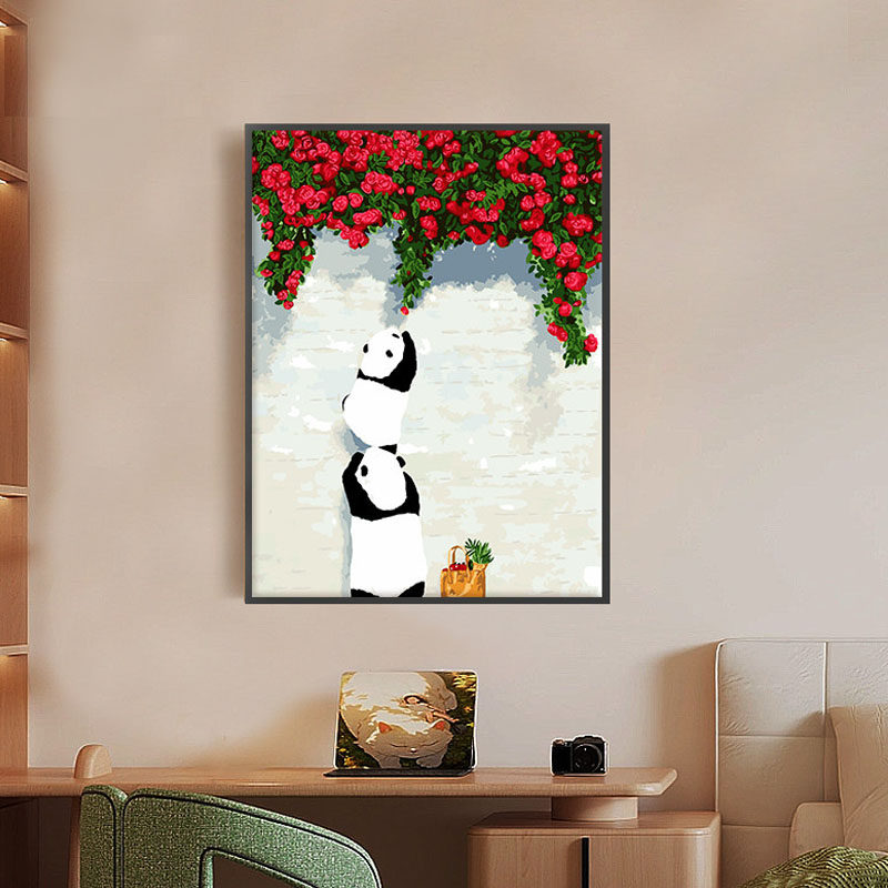 数字油画diy填充油画手绘手工填色画 减压动物装饰挂画 熊猫探春