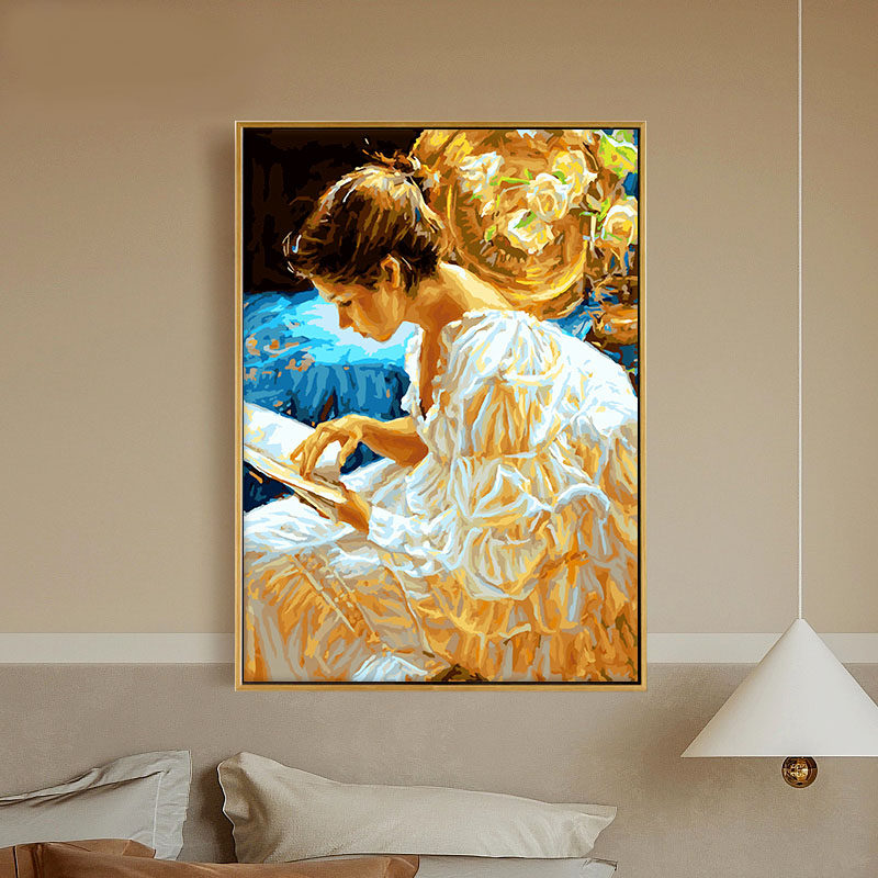 数字油画diy填充人物 diy填色油彩画手绘减压涂色装饰 看书的女孩