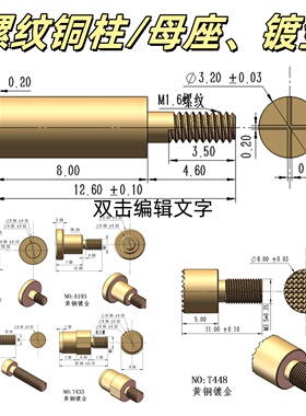 螺纹实心导电钉充电铜柱触点母针导电针圆形针镀金M2M3M4M5对插