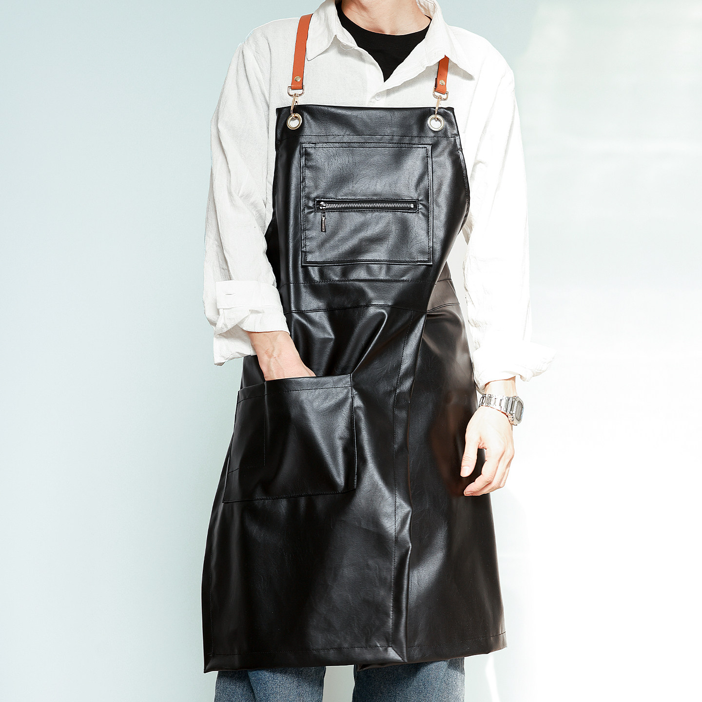 韩版PU皮革围裙防水防油西餐厅咖啡师男女款工作服罩衣定制logo