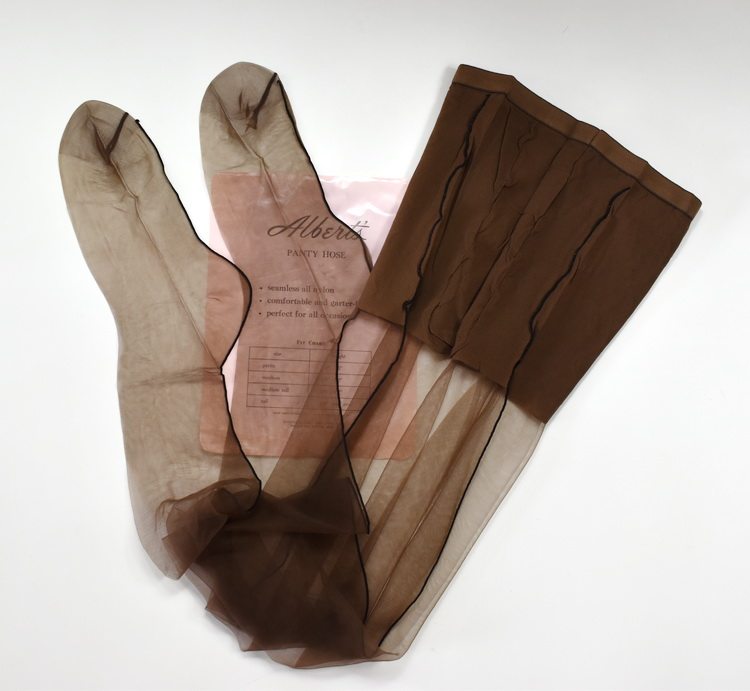 欧美古董中缝平纹透趾黑竖线纯丝特薄尼龙玻璃丝连裤袜加大码褐色