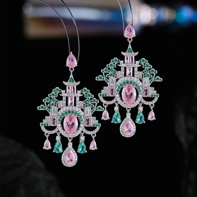 新中式亭台楼阁重工彩色锆石耳环轻奢高级感流苏宫廷风复古耳饰