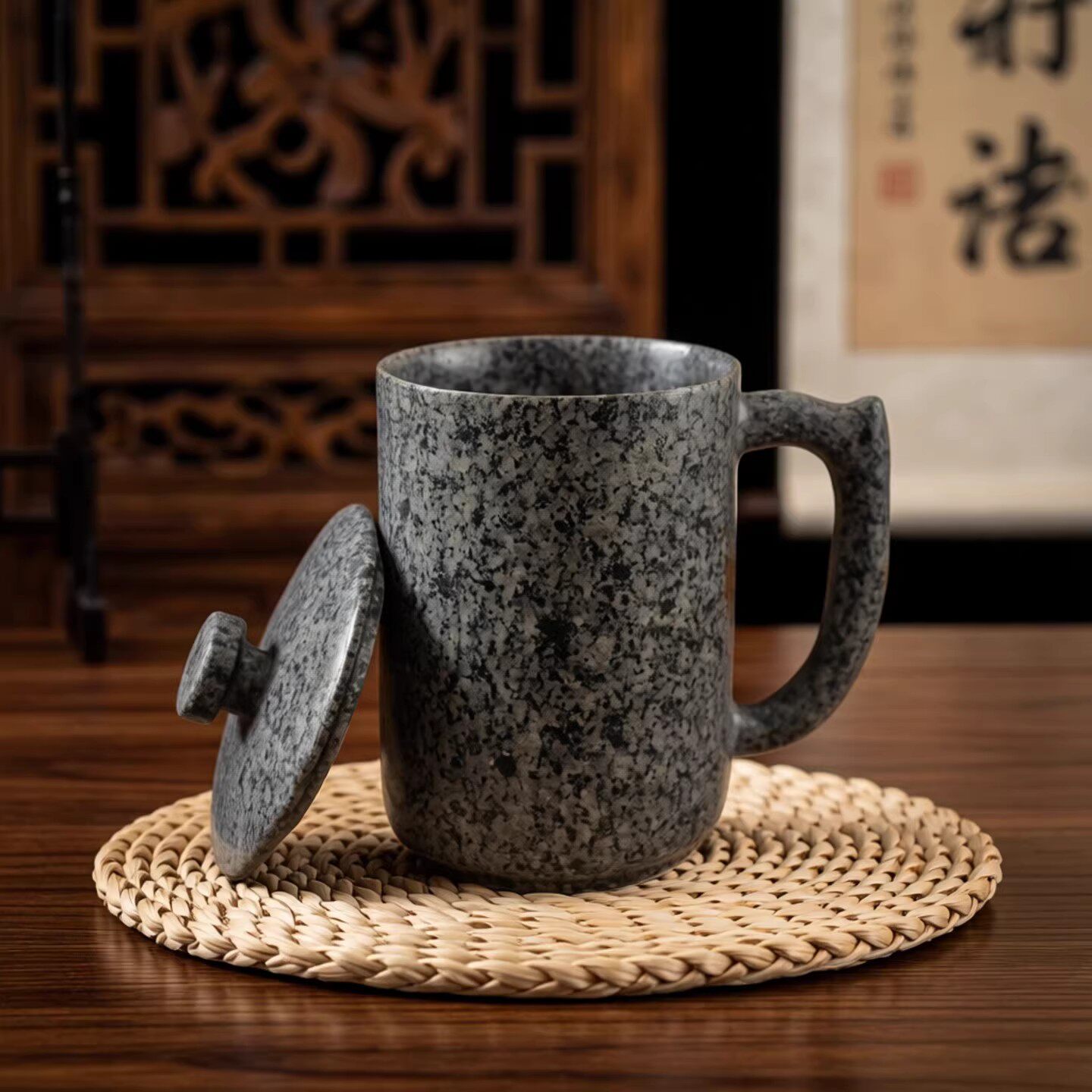 麦饭石杯子一体原石雕刻茶杯浮雕杯摆件茶具男士水杯大容量送礼物