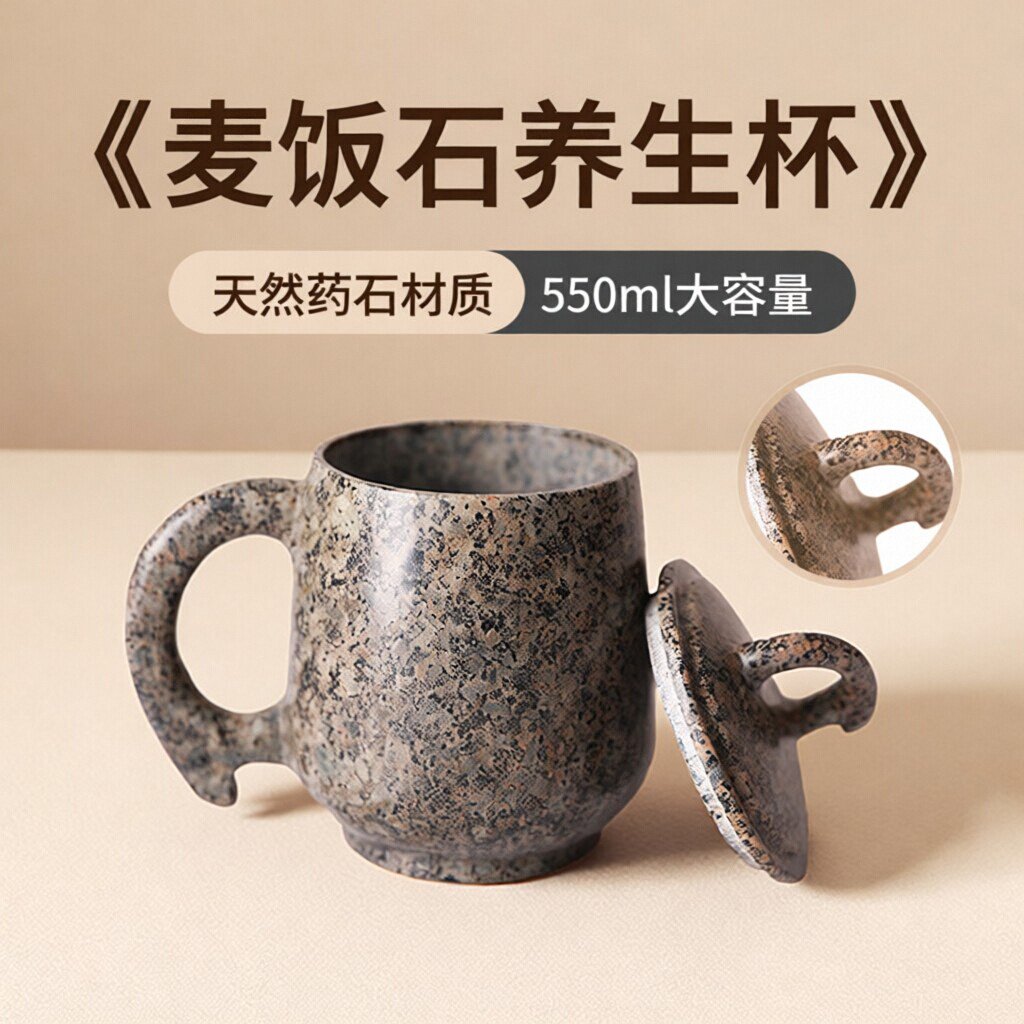 麦饭石杯子带盖水杯礼品马克杯家用创意个性茶杯中式泡茶杯复古杯