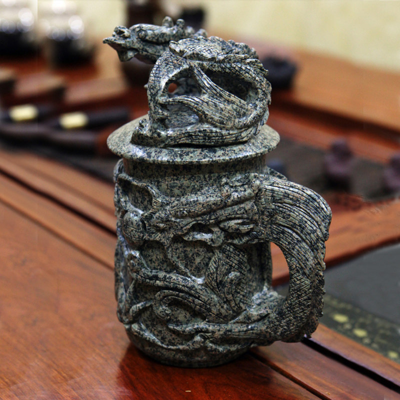 中华麦饭石水杯高端复古龙纹中式马克杯手工雕刻茶杯带盖节日送礼