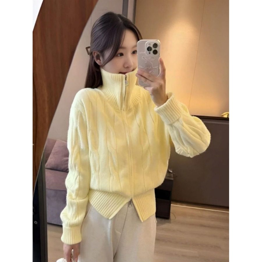 秋冬季实拍柔软双拉链休闲风长袖纯色针织开衫外套高领毛上衣女装