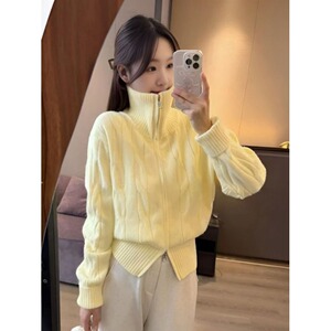 秋冬季实拍柔软双拉链休闲风长袖纯色针织开衫外套高领毛上衣女装