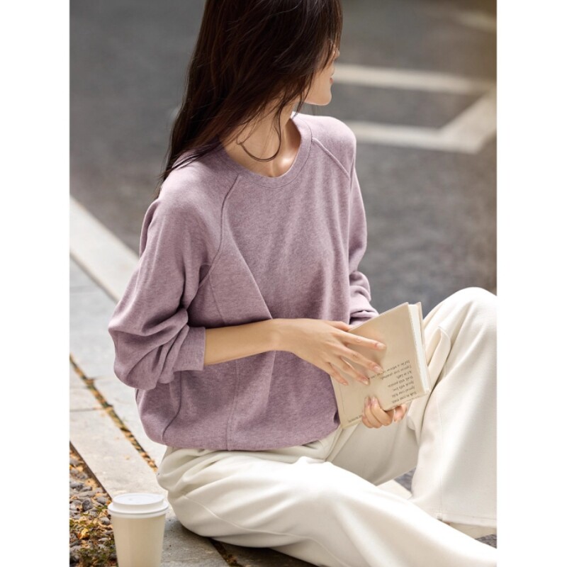 秋季实拍优雅圆领纯色线条感宽松休闲风百搭宽松长袖针织卫衣女装 - 淘宝联盟商品