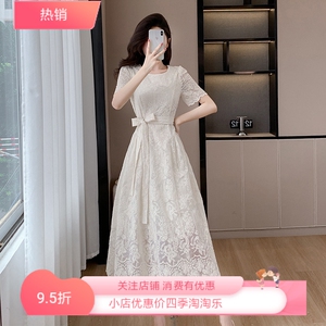 夏季新款圆领拉链蝴蝶结淑女短袖天丝刺绣气质修身A字连衣裙女装