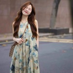 夏季实拍水墨画小众无袖印花复古风文艺气质时尚背心连衣长裙女装
