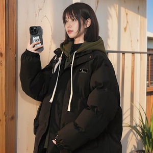 秋冬季实拍连帽韩款宽松加厚纯色长袖面包服保暖假两件棉服女装