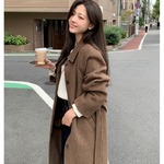 秋冬季实拍赫本风暗门襟设计单排扣系带宽松款绒毛呢大衣外套女装