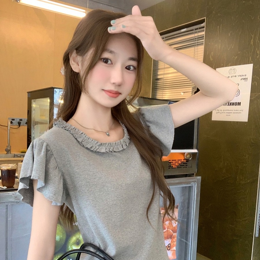 夏季实拍气质修身圆领单纯色休闲风正肩短款针织上衣短袖T恤女装