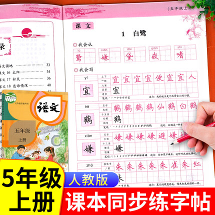 同步课本五年级上册写字课课练人教版 小学生五上描红字帖偏旁部首练字帖部编版5年级上学期生字练习临摹写字本同步课文组词RJ