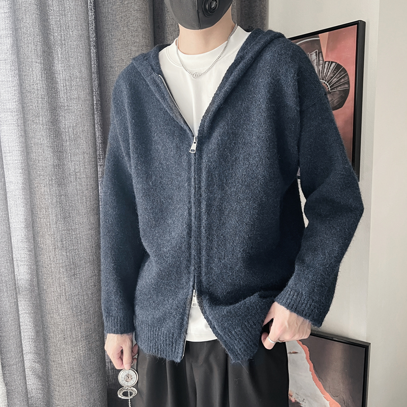 E256-P88控118设计连帽针织羊毛衫拉链百搭开衫简约纯色毛衣男蓝，男装针织衫/毛衣，电商A208