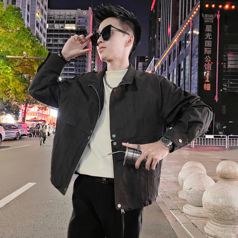 WT30-P98控138设计高级感百搭美式复古工装拼接男士休闲夹克黑，男装夹克，电商A208